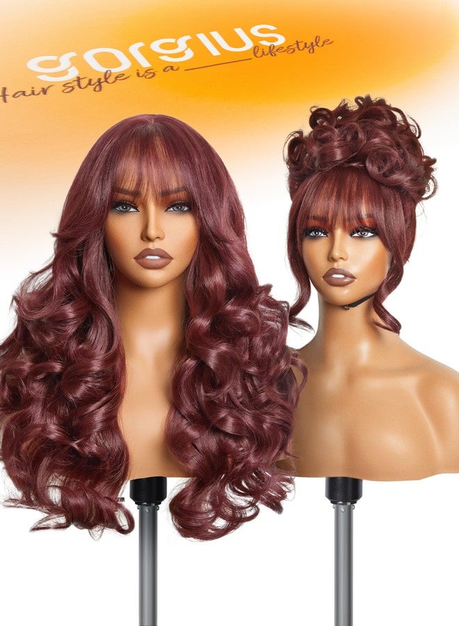 GORGIUS Burgundy Wig with Bangs Loose Wave Glueless Bang Wig Pre Bleached True Scalp Long Wavy Fringe Bangs Wig Upgraded with Style-Archive Premium Fiber - Image 1
