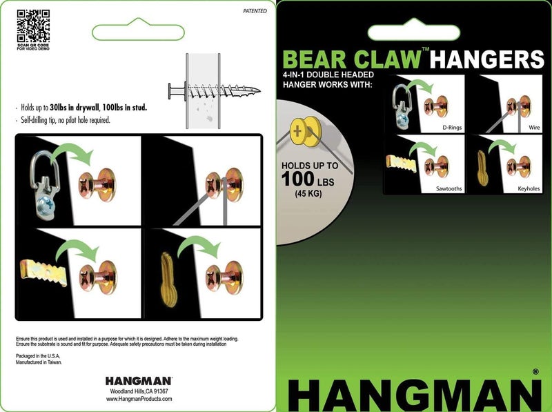 Hangman Double-Headed Bear Claw Hangers â€“ 4-in-1 Hooks for D-Rings, Wire, Sawtooths & Keyholes: BCK-25 , Gold - Image 5