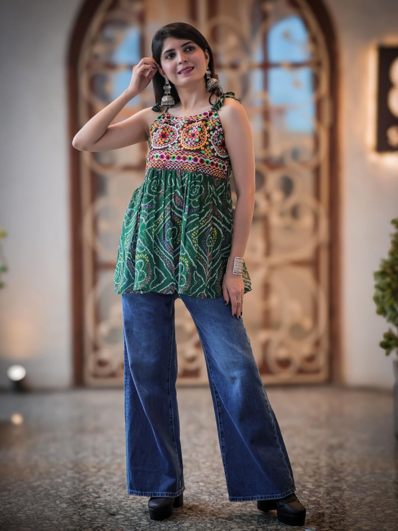 EthnicJunction Women's Georgette Bandhani Shoulder Knot Flared Short Kurti | Tunic top for Women | Sleeveless top | Navratri speical Top Bottle Green - Image 4