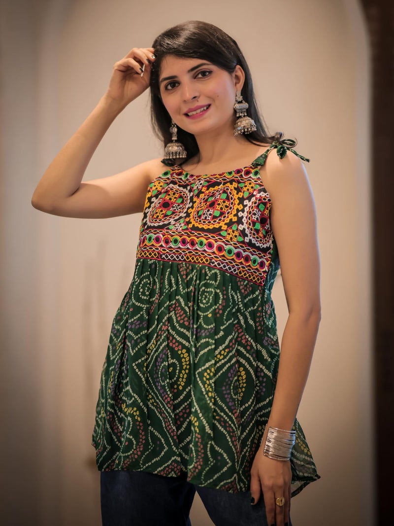 EthnicJunction Women's Georgette Bandhani Shoulder Knot Flared Short Kurti | Tunic top for Women | Sleeveless top | Navratri speical Top Bottle Green - Image 3
