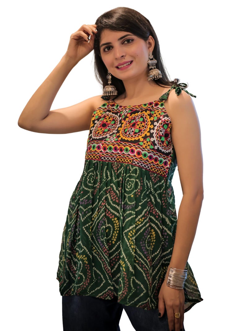 EthnicJunction Women's Georgette Bandhani Shoulder Knot Flared Short Kurti | Tunic top for Women | Sleeveless top | Navratri speical Top Bottle Green - Image 1