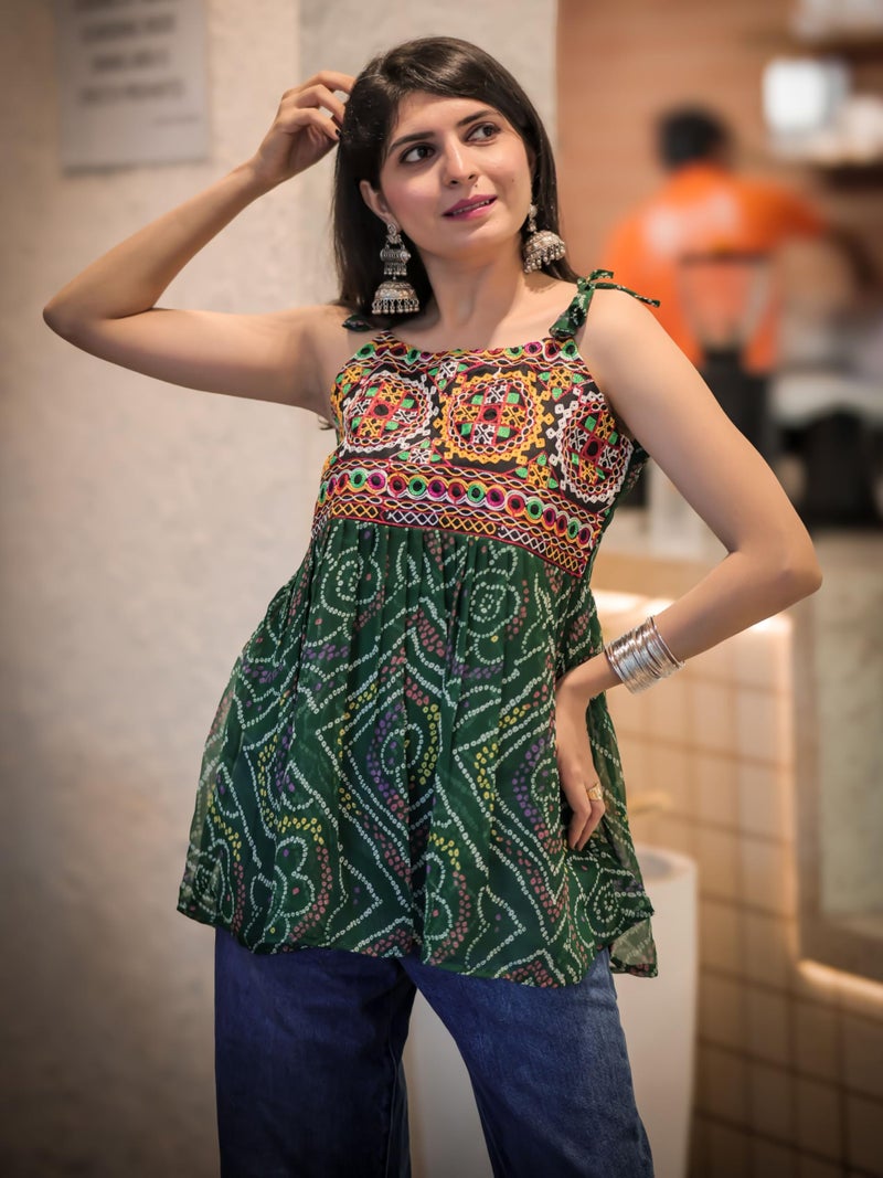 EthnicJunction Women's Georgette Bandhani Shoulder Knot Flared Short Kurti | Tunic top for Women | Sleeveless top | Navratri speical Top Bottle Green - Image 2