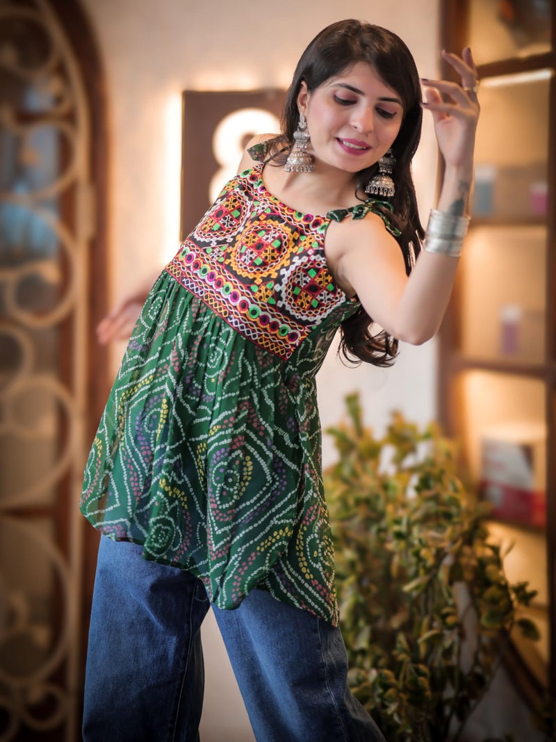 EthnicJunction Women's Georgette Bandhani Shoulder Knot Flared Short Kurti | Tunic top for Women | Sleeveless top | Navratri speical Top Bottle Green - Image 5
