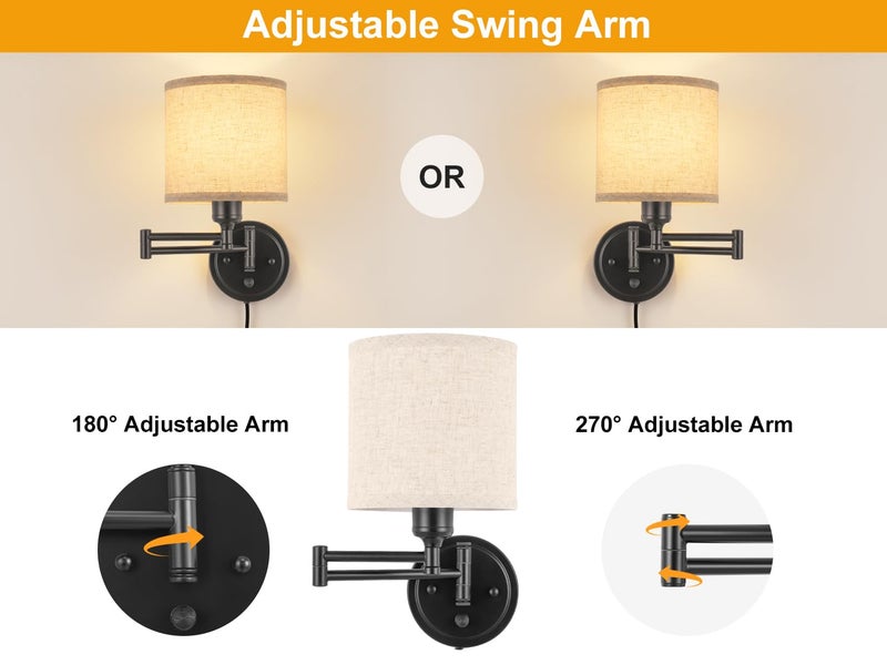 GOODATE Plug in Wall Sconces with Remote Control, Dimming 10%-100% & Adjustable Colors 2700K-6500K, Hardwire or Plug-in, Swing Arm Wall Lamp with Linen Fabric Shade, Wall Sconces Set of Two, Black Finish - Image 3