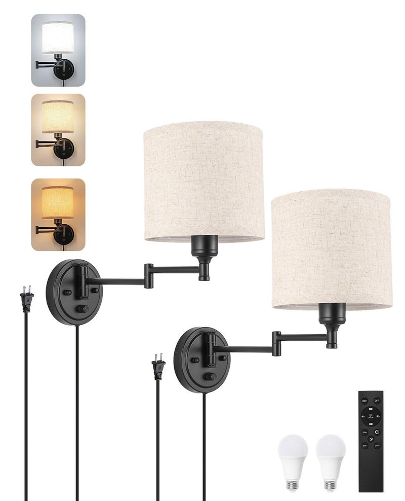 GOODATE Plug in Wall Sconces with Remote Control, Dimming 10%-100% & Adjustable Colors 2700K-6500K, Hardwire or Plug-in, Swing Arm Wall Lamp with Linen Fabric Shade, Wall Sconces Set of Two, Black Finish - Image 1