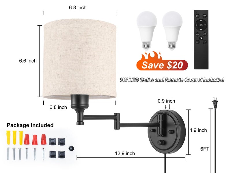 GOODATE Plug in Wall Sconces with Remote Control, Dimming 10%-100% & Adjustable Colors 2700K-6500K, Hardwire or Plug-in, Swing Arm Wall Lamp with Linen Fabric Shade, Wall Sconces Set of Two, Black Finish - Image 2