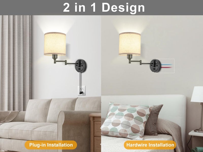 GOODATE Plug in Wall Sconces with Remote Control, Dimming 10%-100% & Adjustable Colors 2700K-6500K, Hardwire or Plug-in, Swing Arm Wall Lamp with Linen Fabric Shade, Wall Sconces Set of Two, Black Finish - Image 4