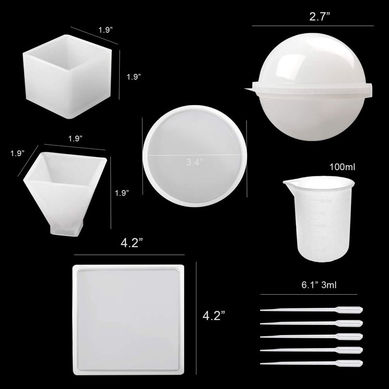 Repinsta Silicone Resin Molds 5Pcs Resin Casting Molds Including Sphere, Cube, Pyramid, Square, Round with 1 Measuring Cup & 5 Plastic Transfer Pipettes for Resin Epoxy, Candle Wax, Soap, Bowl Mat etc - Image 2
