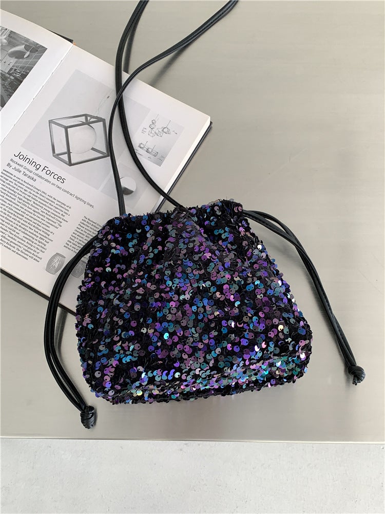 Portable Bucket Bag Women'S High-End Drawstring Pleated Shoulder Messenger Bag Women'S Fashionable Color Sequin Bag - Image 1