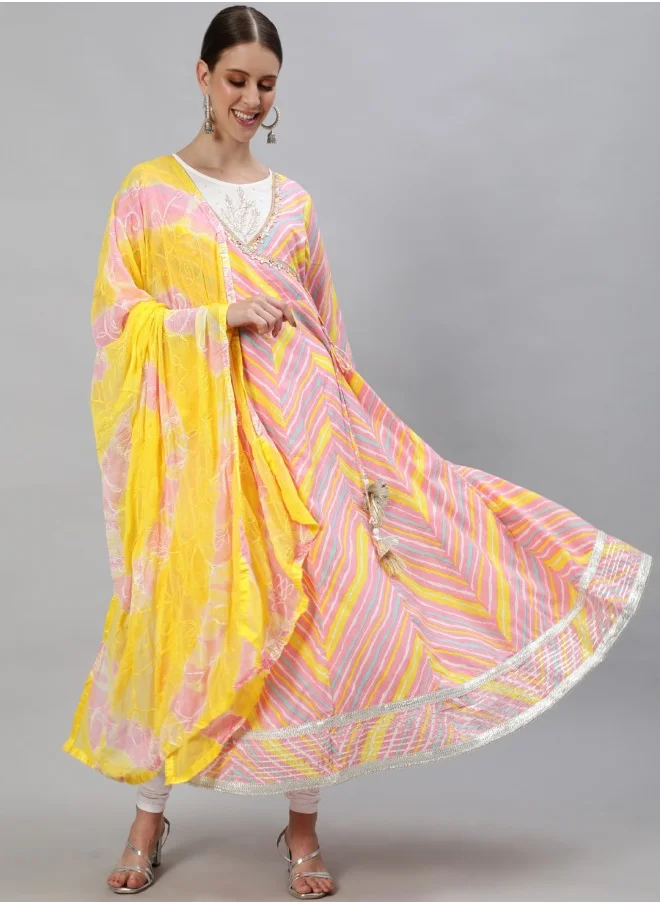 ISHIN Women Geometric Printed Gotta Patti Pastels Anarkali Cotton Kurta With Dupatta