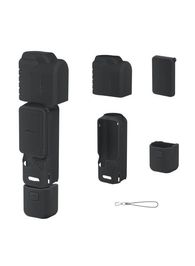 aMagisn متوافق مع DJI Osmo Pocket 4، غطاء حماية سيليكون كامل بتصميم دقيق وفتحات مخصصة وحبل مانع للفقدان (أسود) - Image 1
