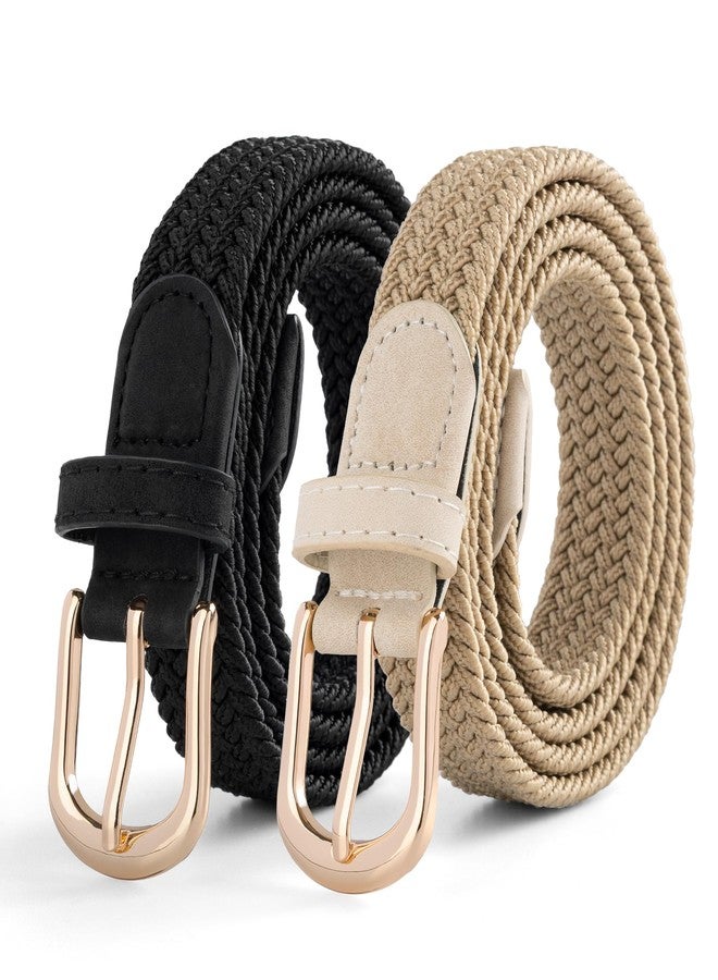 macoking 2 Pack Braided Elastic Belts for Women with Gold Buckle, Stretch Belt for Jeans Pants Golf, Black+Khaki, S - Image 1