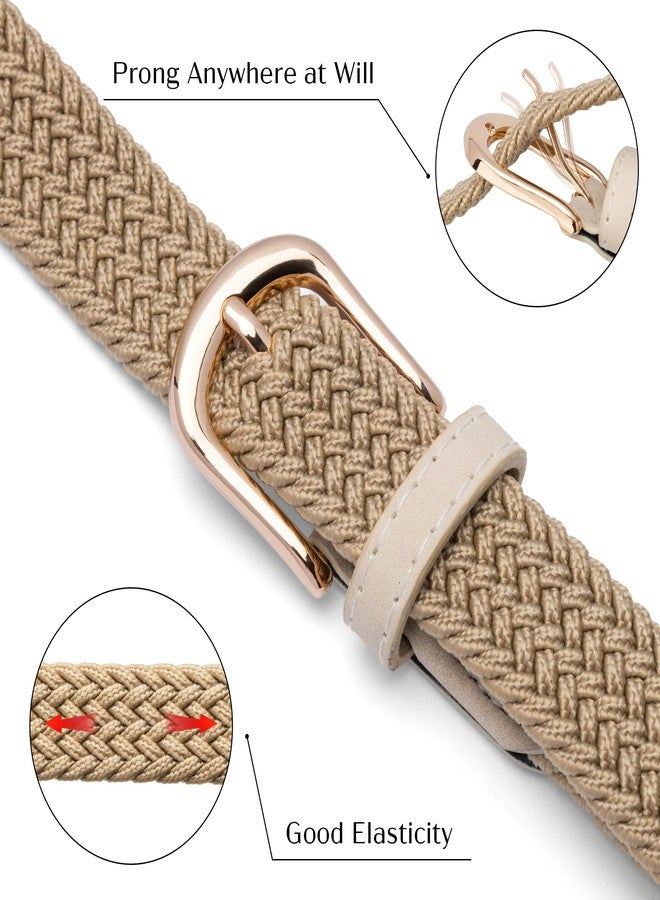 macoking 2 Pack Braided Elastic Belts for Women with Gold Buckle, Stretch Belt for Jeans Pants Golf, Black+Khaki, S - Image 3
