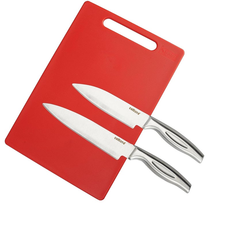 Celltone Chopping Board with Chefs Knives Set Stainless Steel Premium Kitchen Knives Chefs Knife Big and Small Pack of 2 Knives Red - Image 1