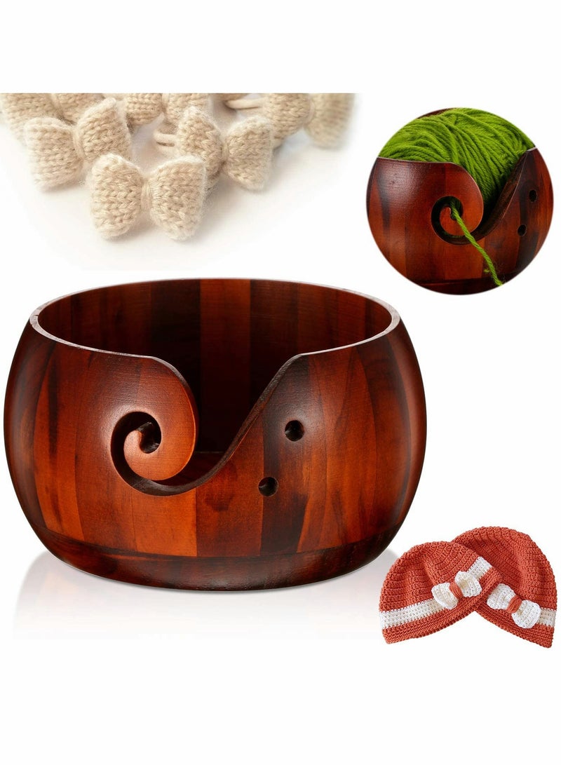 KASTWAVE Wooden Yarn Bowl Knitting Yarn Bowl with Hole Crochet Bowl Stand Handmade Yarn Storage Bowl 18 * 18 * 10cm for DIY Knitting Crochet Accessories - Image 1