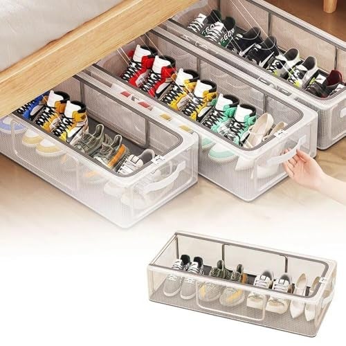 NAITIK CREATION Shoe Storage Box for Under Bed & Closet | Clear Foldable Shoe Organizer with Transparent Lid | Stackable Sneaker Storage Container for Shoes, Clothes & Blankets (Large, 1 Pc) - Image 1