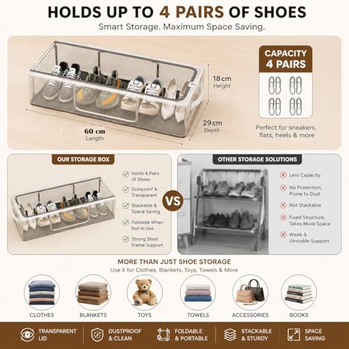 NAITIK CREATION Shoe Storage Box for Under Bed & Closet | Clear Foldable Shoe Organizer with Transparent Lid | Stackable Sneaker Storage Container for Shoes, Clothes & Blankets (Large, 1 Pc) - Image 4