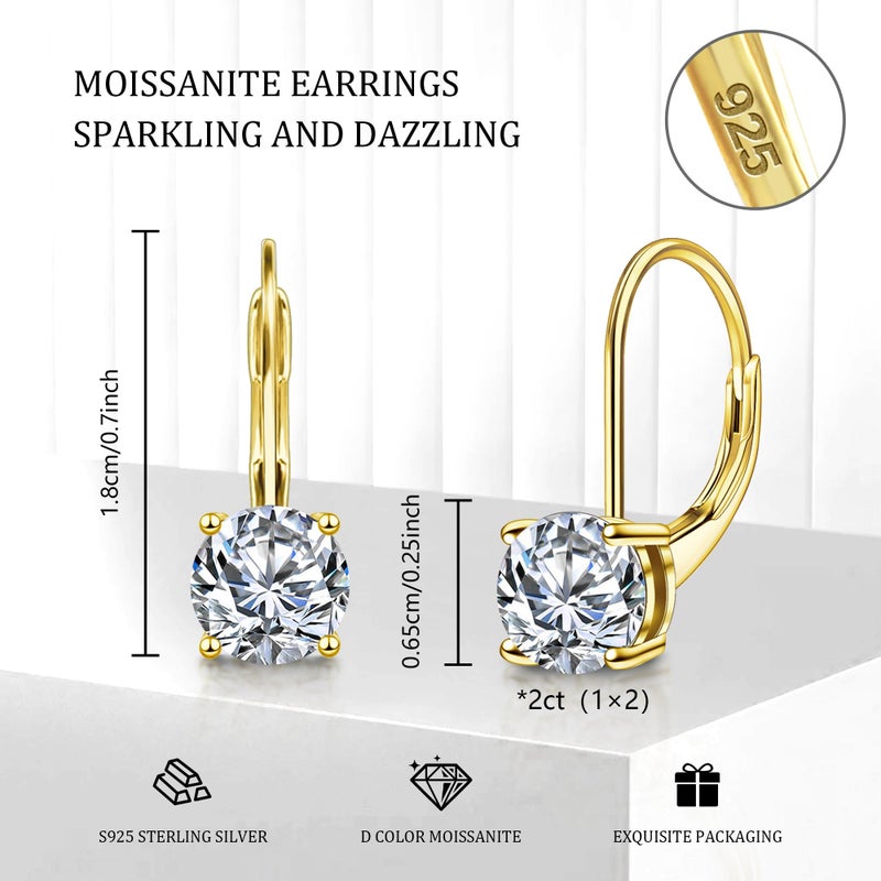 Lancharmed Moissanite Earrings, 14K Goldplated Dangle Earrings for Women, 1.0ct/2.0ct D Color Cut Lab Created French Leverback Hoop Moissanite Drop Earring for Women - Image 2
