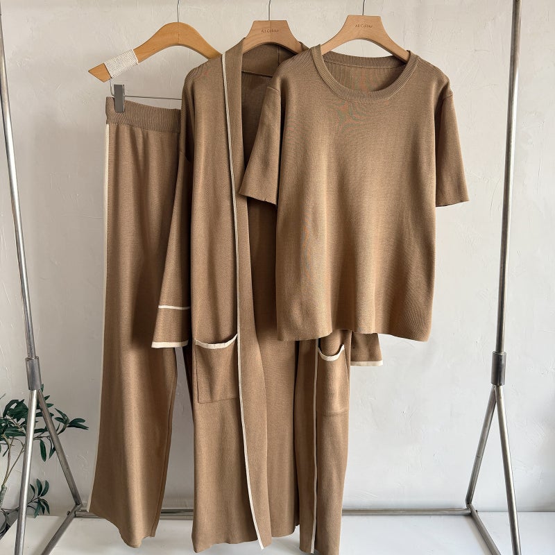 Women's Knitted Long Robe 3-Piece Set Casual Lounge Set - Image 1