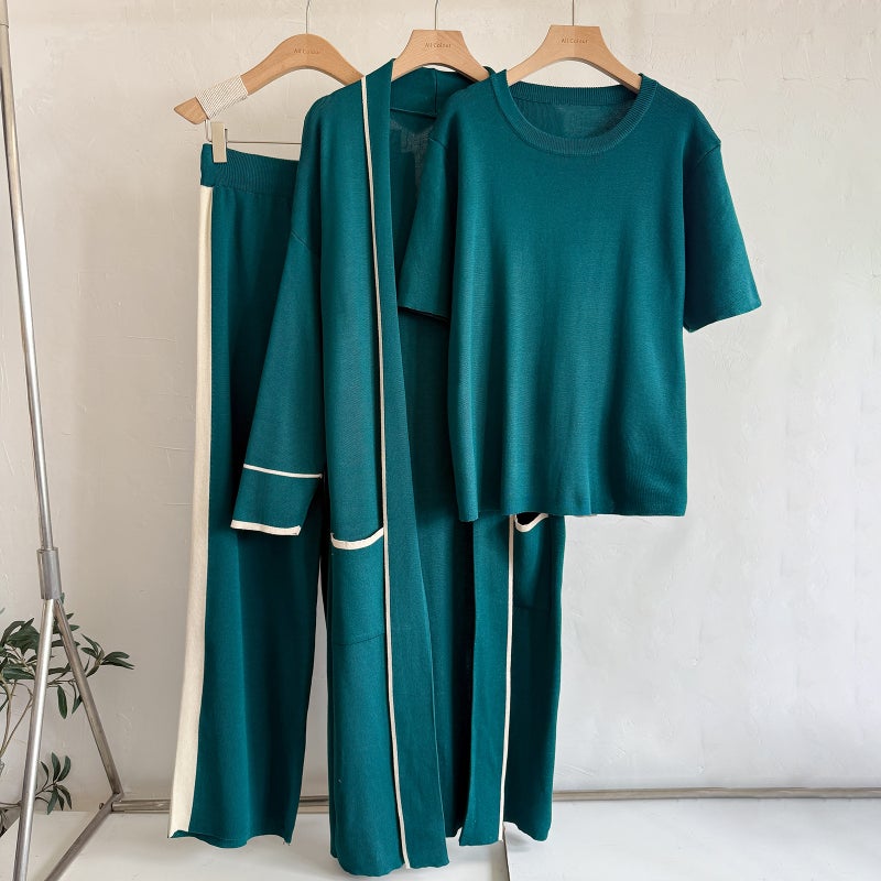 Women's Knitted Long Robe 3-Piece Set Casual Lounge Set - Image 2