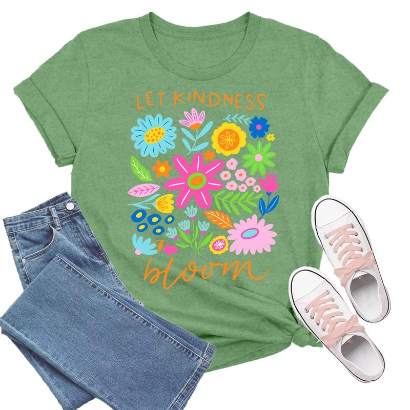 MHTOR Be Kind Shirt Women Let Kindness Bloom Shirt Vintage Flower T-Shirts Cute Floral Summer Casual Short Sleeve Tops(Large,Green) - Image 1