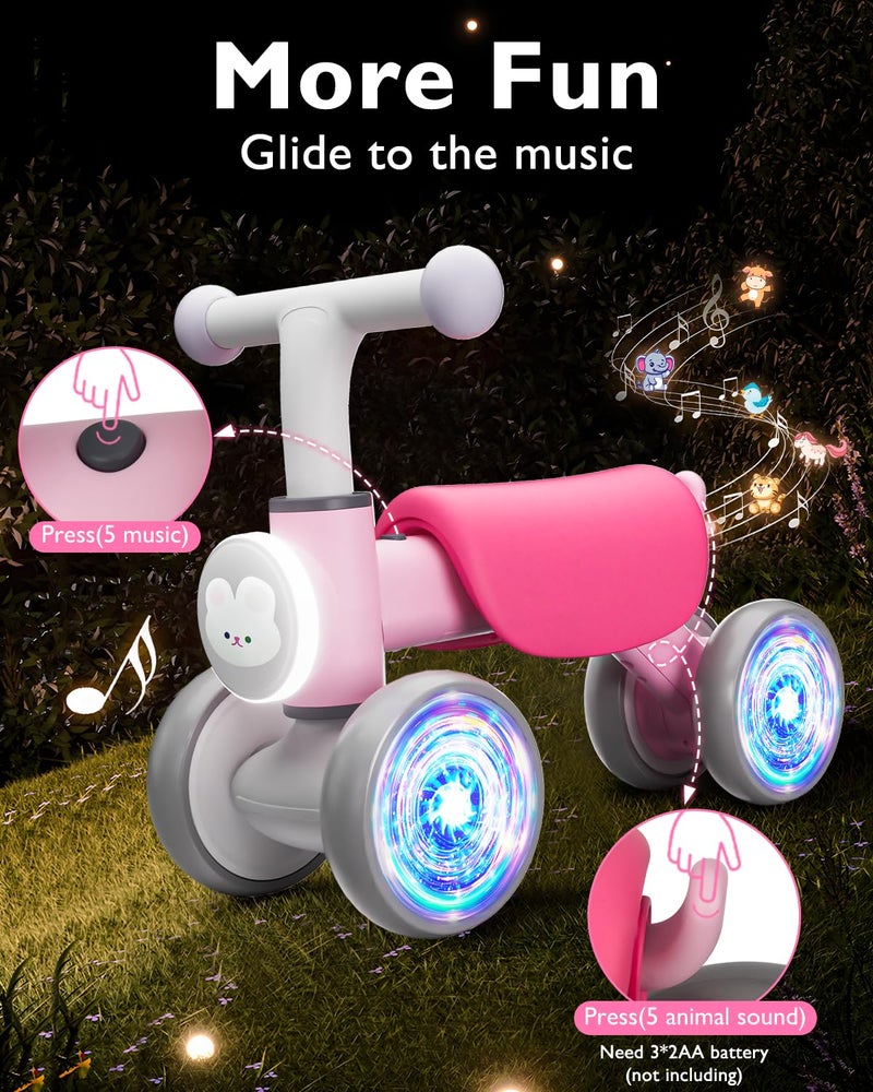 Doselie Toddler Toys Balance Bike for 1 Year Old Girl Gifts,4 Wheels Colorful Lighting with Music Baby First Bike,Toddler Girl Toys Balance Bike for 1st 2 Year Old Birthday Gifts - Image 3