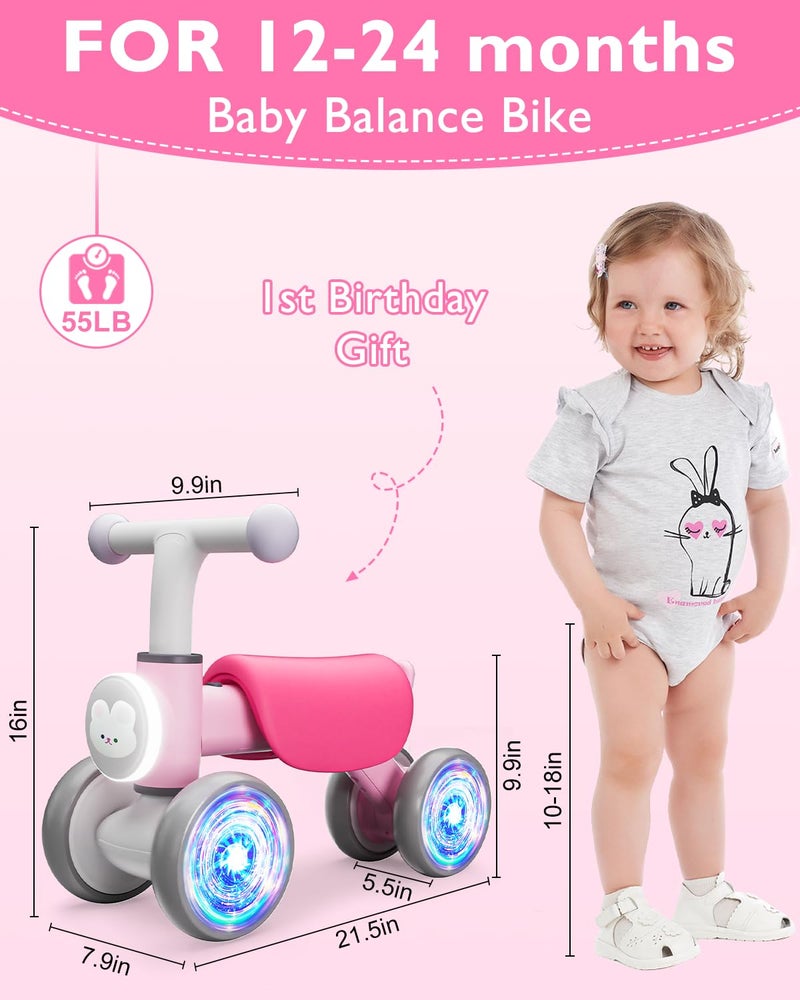 Doselie Toddler Toys Balance Bike for 1 Year Old Girl Gifts,4 Wheels Colorful Lighting with Music Baby First Bike,Toddler Girl Toys Balance Bike for 1st 2 Year Old Birthday Gifts - Image 4