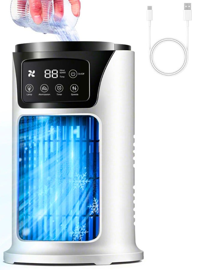 تشيس اب مروحة مكيف هواء محمولة، 6 سرعات قابلة للتعديل، إضافة الماء والثلج لترطيب الضباب، منخفضة الضوضاء، مع وظيفة المؤقت، إضاءة ليلية بـ 7 ألوان، مكيف هواء مكتبي صغير لغرفة النوم، للاستخدام الخارجي، المكتب - Image 1