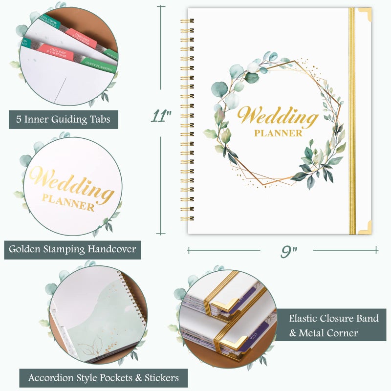 Lortarl Wedding Planner - Wedding Planner Book and Organizer for the Bride with 5 Tabbed Sections, 12" x 9", Hardcover with Metal Corner + 5 Inner Pockets + Sticker + Elastic Closure Band - Image 3
