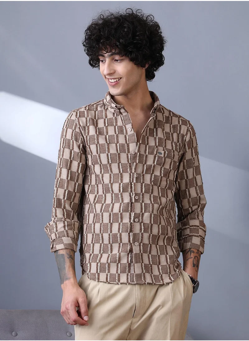 Campus Sutra Campus Sutra Men's Mocha Brown & Ecru Beige Block-Edge Shirt For Casual Wear | Spread Collar | Long Cuffed Sleeves | Button Closure | Shirt Crafted With Comfort Fit For Everyday Wear