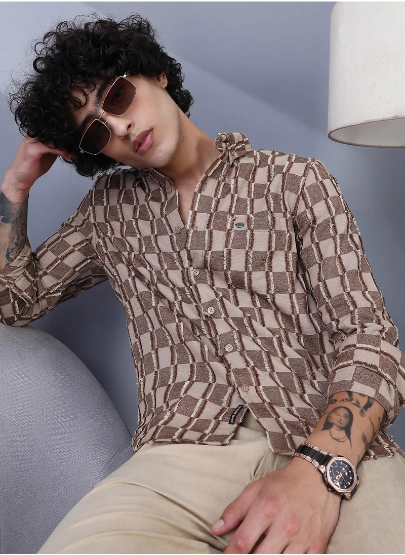 Campus Sutra Campus Sutra Men's Mocha Brown & Ecru Beige Block-Edge Shirt For Casual Wear | Spread Collar | Long Cuffed Sleeves | Button Closure | Shirt Crafted With Comfort Fit For Everyday Wear