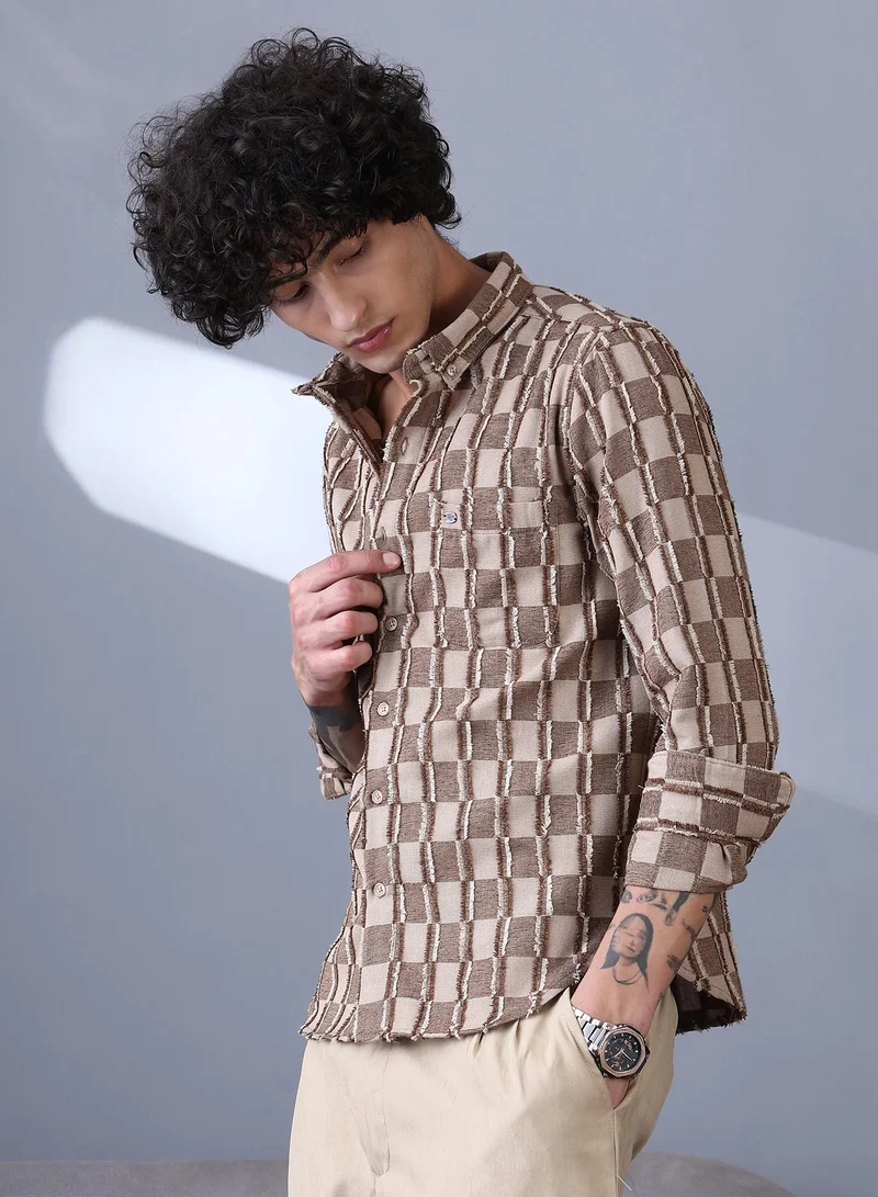 Campus Sutra Campus Sutra Men's Mocha Brown & Ecru Beige Block-Edge Shirt For Casual Wear | Spread Collar | Long Cuffed Sleeves | Button Closure | Shirt Crafted With Comfort Fit For Everyday Wear