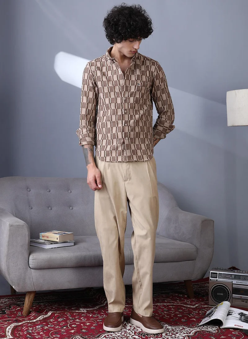 Campus Sutra Campus Sutra Men's Mocha Brown & Ecru Beige Block-Edge Shirt For Casual Wear | Spread Collar | Long Cuffed Sleeves | Button Closure | Shirt Crafted With Comfort Fit For Everyday Wear