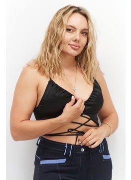 Women Tie Neckline Sleeveless Satin Strappy Tops, Black