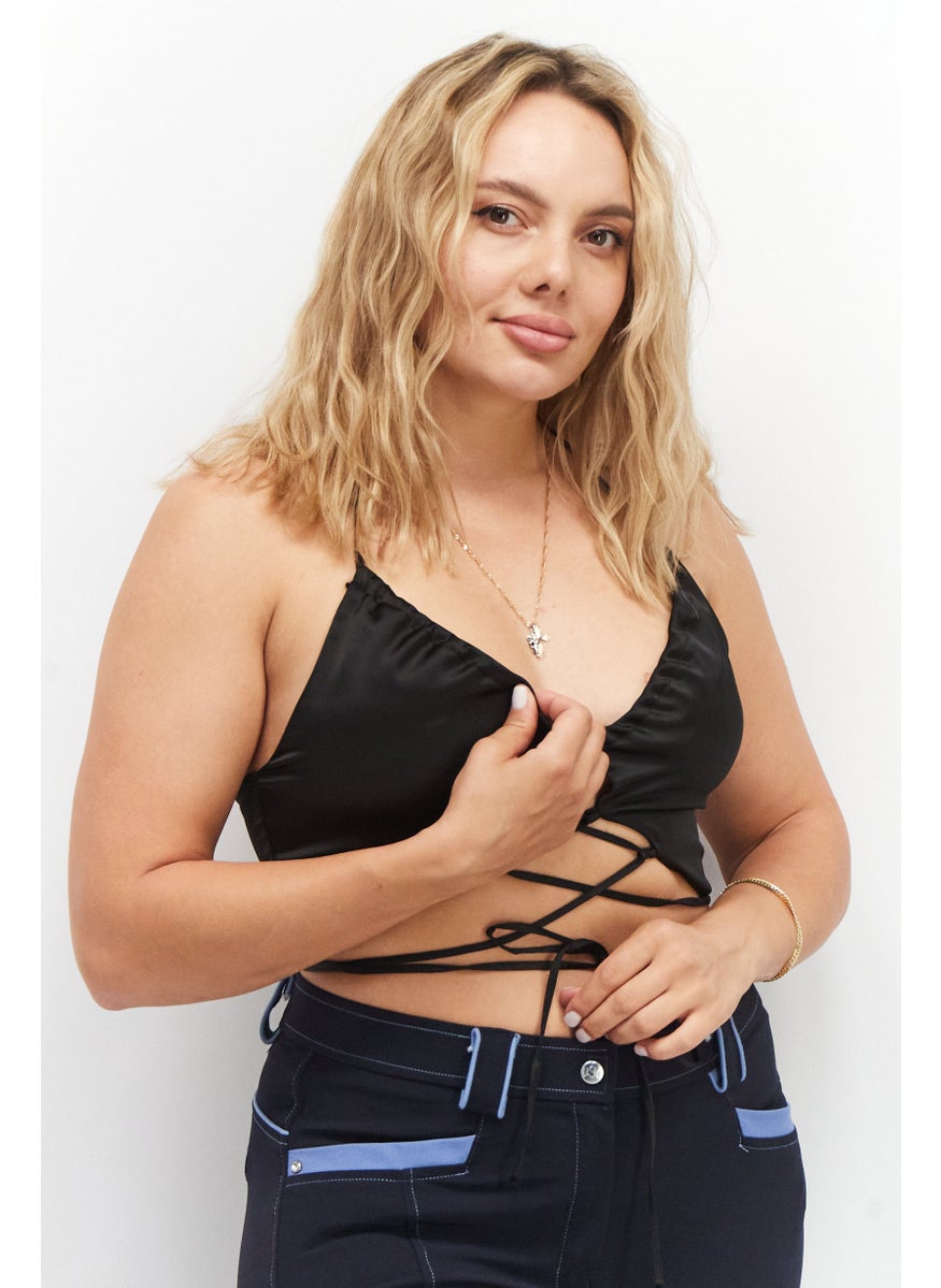 Asos Design - Women Tie Neckline Sleeveless Satin Strappy Tops, Black - Image 1