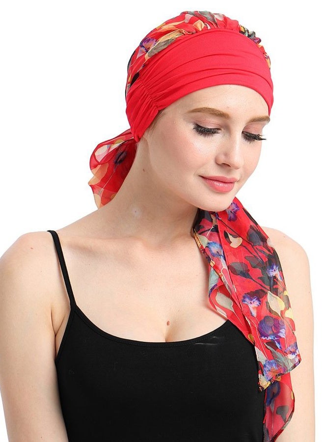 FocusCare Chemo Headwear Turbans for Women Long Hair Head Scarf Headwraps Cancer Hats, Red Floral, One size - Image 4