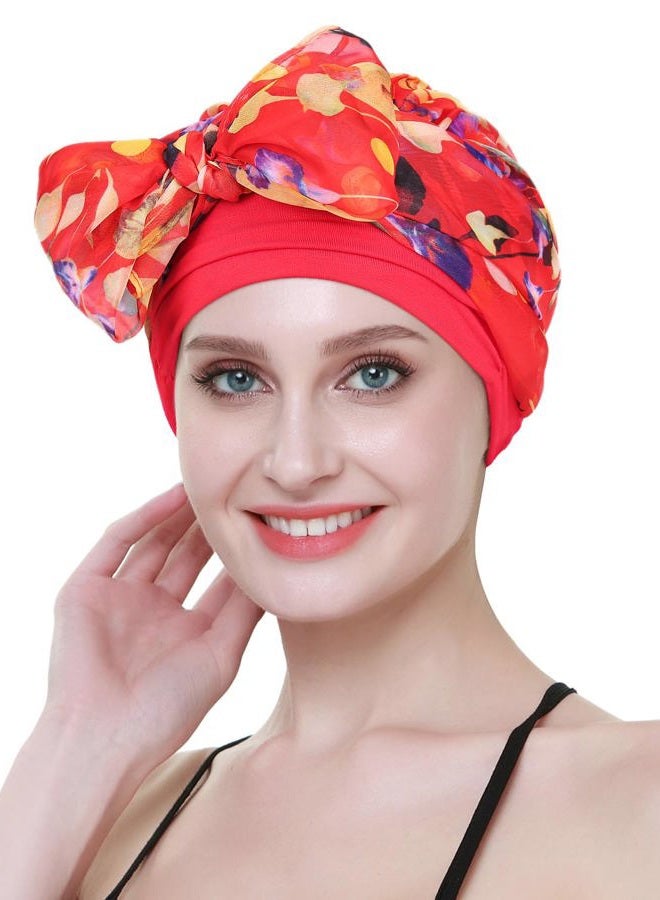 FocusCare Chemo Headwear Turbans for Women Long Hair Head Scarf Headwraps Cancer Hats, Red Floral, One size - Image 2
