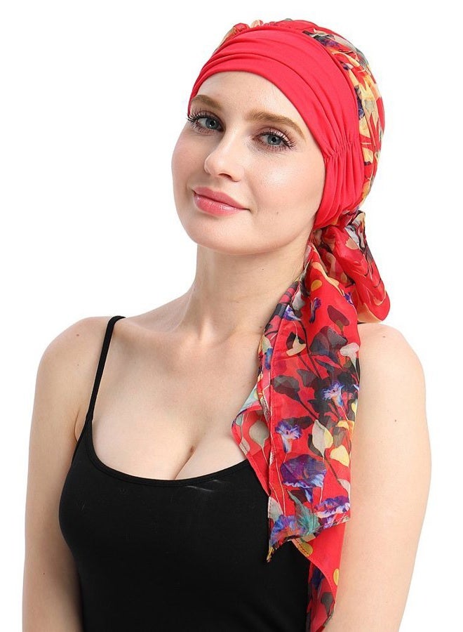 FocusCare Chemo Headwear Turbans for Women Long Hair Head Scarf Headwraps Cancer Hats, Red Floral, One size - Image 1
