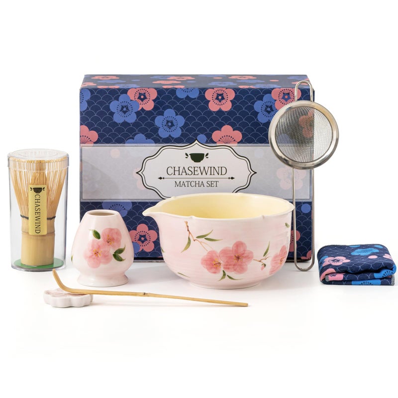 ChaseWind Matcha Whisk Set, 7Pcs Matcha Set with Hand-Painted Ceramic Matcha Bowl, Matcha Whisk and Holder, Scoop and Rest, Sifter, Tea Towel, Artisan Matcha Kit for Ceremony & Gifting (Pink) - Image 1