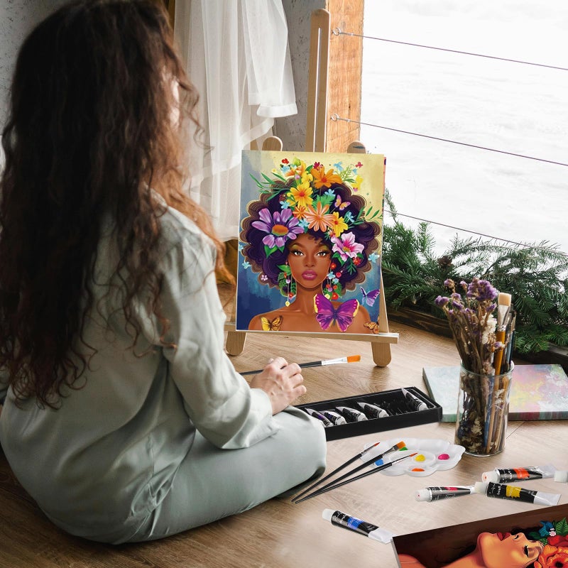 Cholemy 36 Pcs Paint and Sip Kit for Adults 8''x10'' Pre Drawn Canvas for Painting DIY Afro Acrylic Painting Kit Wood Easel Brushes Date Night Bulk for Easter Party Gifts(Flower Lady) - Image 4