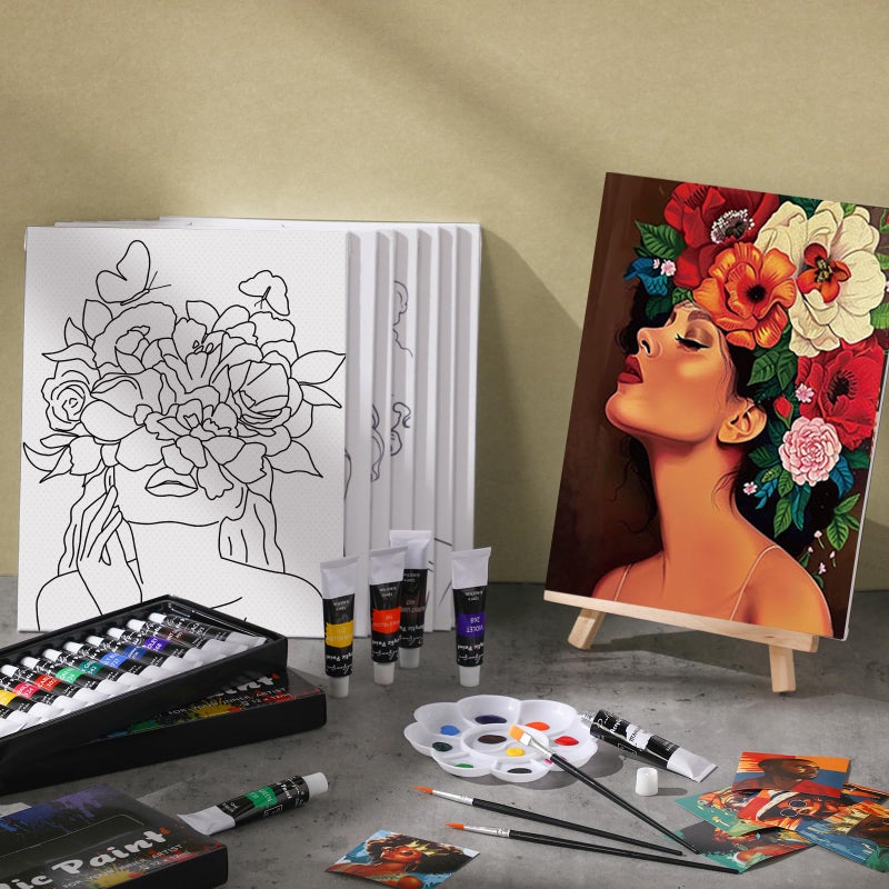 Cholemy 36 Pcs Paint and Sip Kit for Adults 8''x10'' Pre Drawn Canvas for Painting DIY Afro Acrylic Painting Kit Wood Easel Brushes Date Night Bulk for Easter Party Gifts(Flower Lady) - Image 5