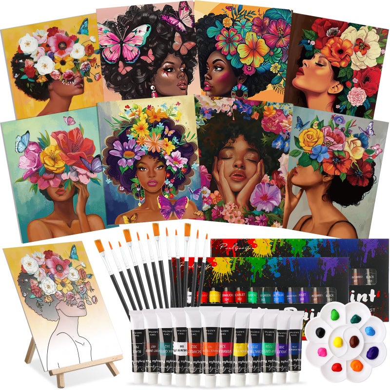 Cholemy 36 Pcs Paint and Sip Kit for Adults 8''x10'' Pre Drawn Canvas for Painting DIY Afro Acrylic Painting Kit Wood Easel Brushes Date Night Bulk for Easter Party Gifts(Flower Lady) - Image 1