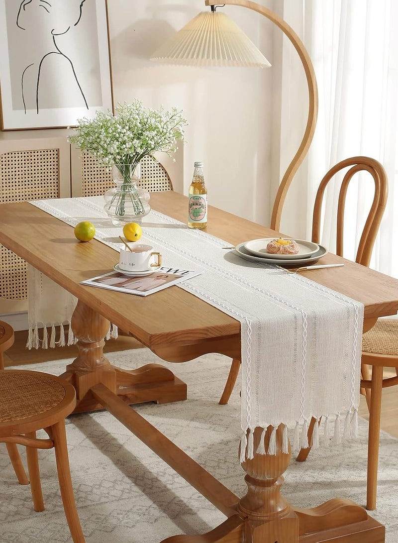 Rustic Table Runner with Tassel Linen Table Cover Dining Table Decoration White Table Cloth (33X183cm)