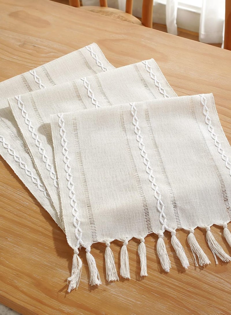 Rustic Table Runner with Tassel Linen Table Cover Dining Table Decoration White Table Cloth (33X183cm)