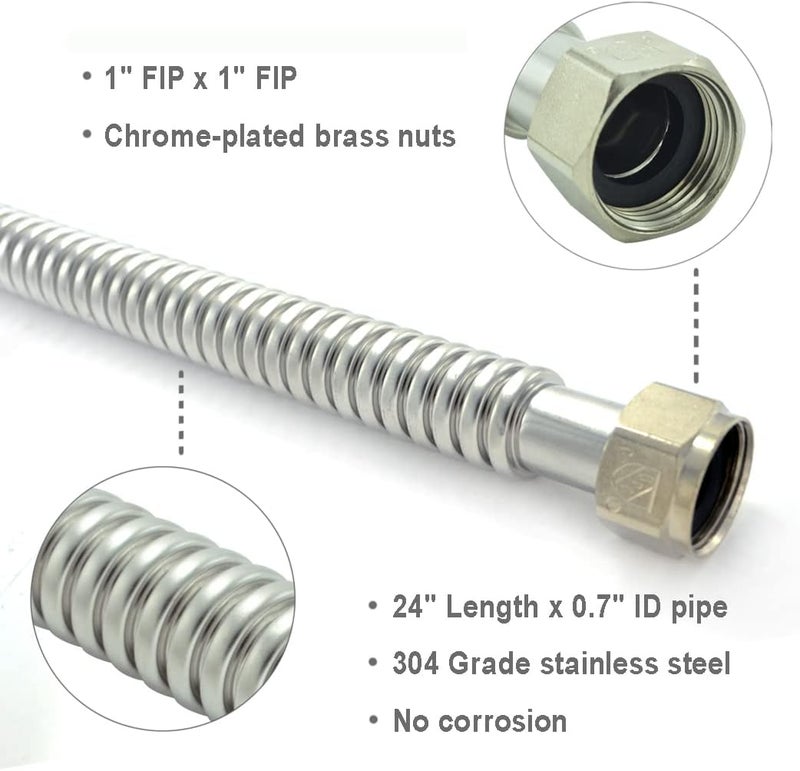 TT FLEX Stainless Steel Corrugated Water Heater Connector Flexible for Water Heater Water Softener,1" FIP x 1" FIP, 0.7" ID x 24" Length (2 Pack) - Image 2