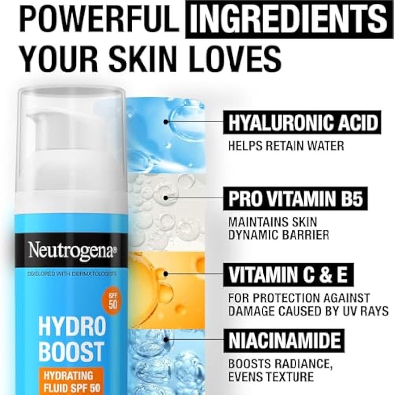 Neutrogena نيتروجينا هايدرو بوست فلويد SPF 50، خفيف الوزن، تركيبة غير لاصقة، معزز بحمض الهيالورونيك، بروفتامين B5، 2% نياسيناميد، 50 مل - Image 4