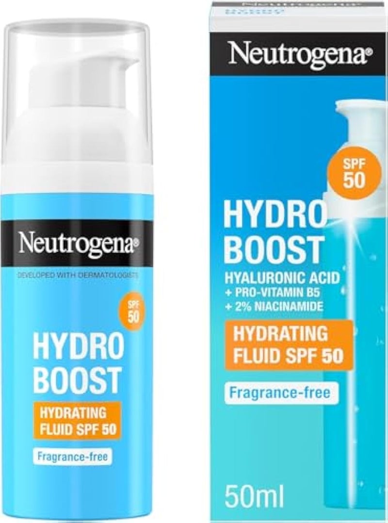 Neutrogena نيتروجينا هايدرو بوست فلويد SPF 50، خفيف الوزن، تركيبة غير لاصقة، معزز بحمض الهيالورونيك، بروفتامين B5، 2% نياسيناميد، 50 مل - Image 1