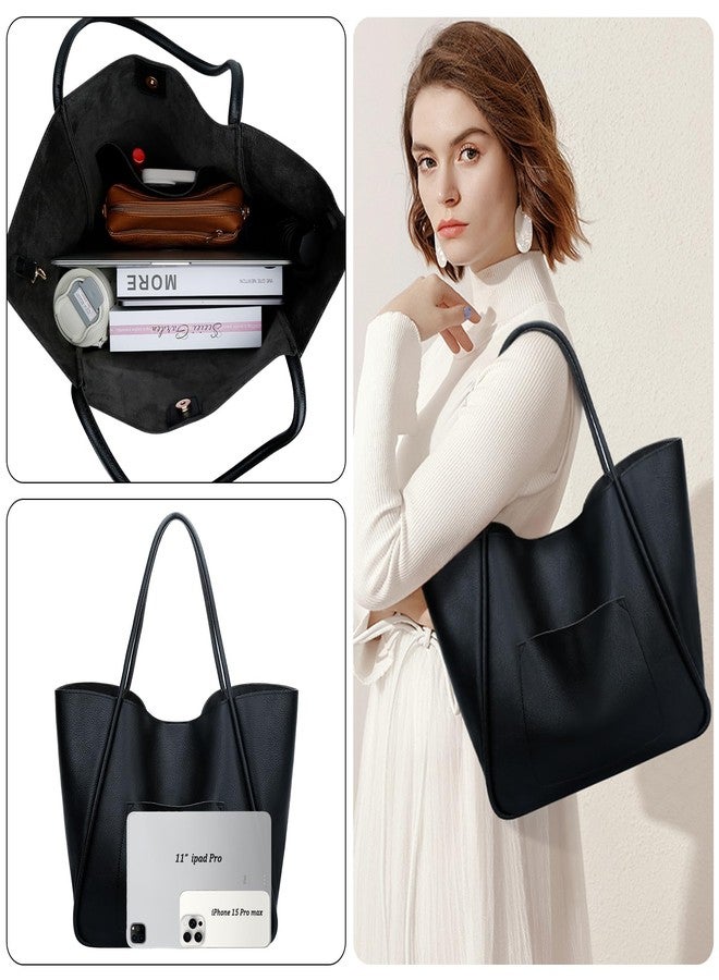 KKXIU Tote Bag for Women Vegan Leather Shoulder Purse Large Capacity Travel Bag - Black - Image 5
