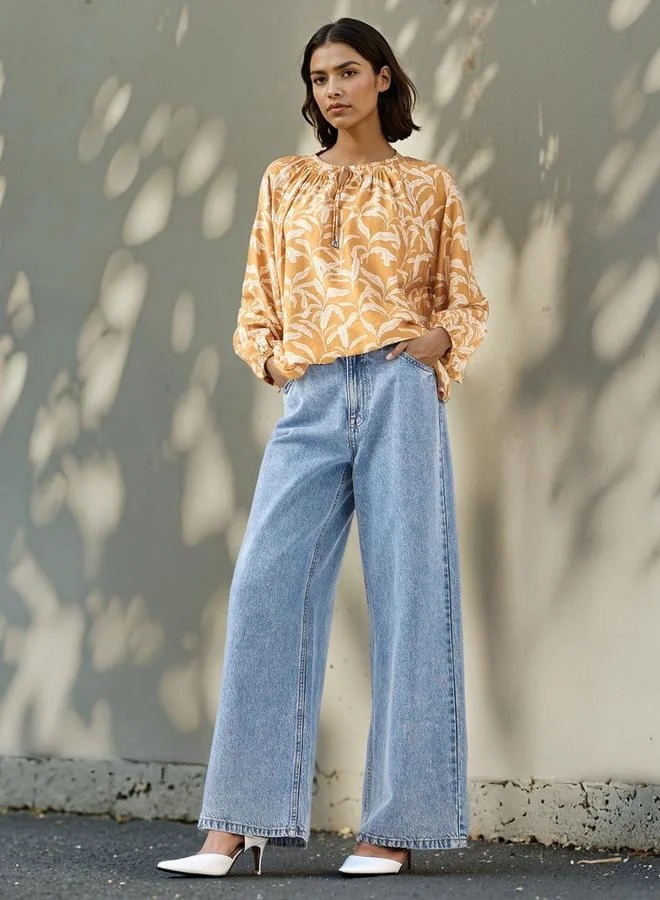 Splash FAV Printed Top with Neck Rouching and Tie-Up