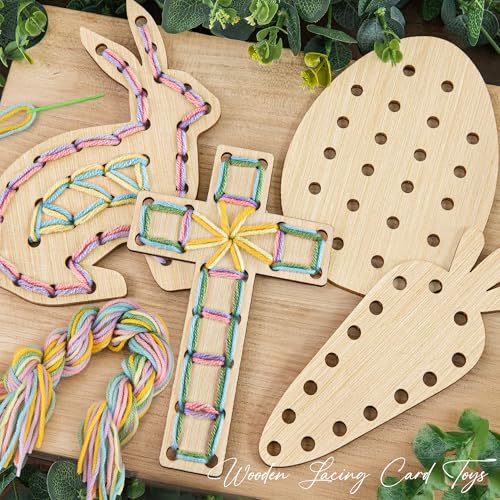 ORIENTAL CHERRY Easter Basket Stuffers Easter Basket Essentials Set of 4 Wooden Lacing Card Toys Gifts for Girls Boys Teens Spring Craft Activities Party Supplies for Girl Toddler Kids Basket Filler - Image 1